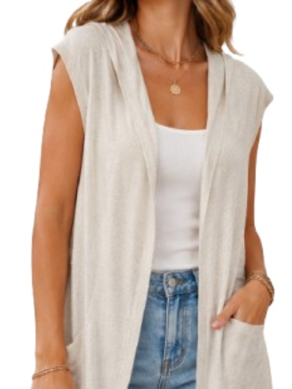 Cyrus Hooded Sleeveless Cardigan Vest XL Beige Open Front Duster Boho